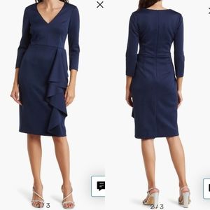 Eliza J V Neck Ruffled Sheath Dress Wedding Special Occasion Navy Blue Size 14